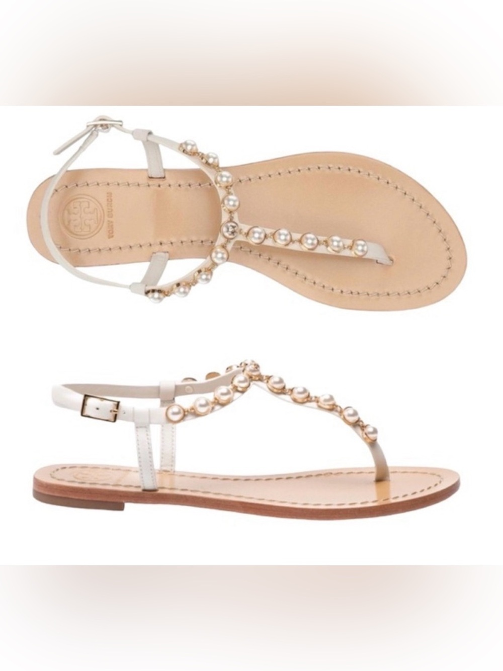 Tory Burch Emmy pearl thong sandals in linen white/ Size 11